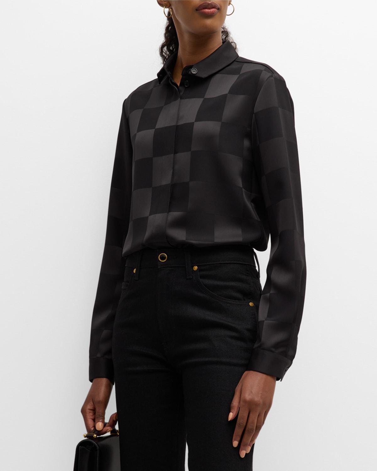 button-down checkered satin blouse