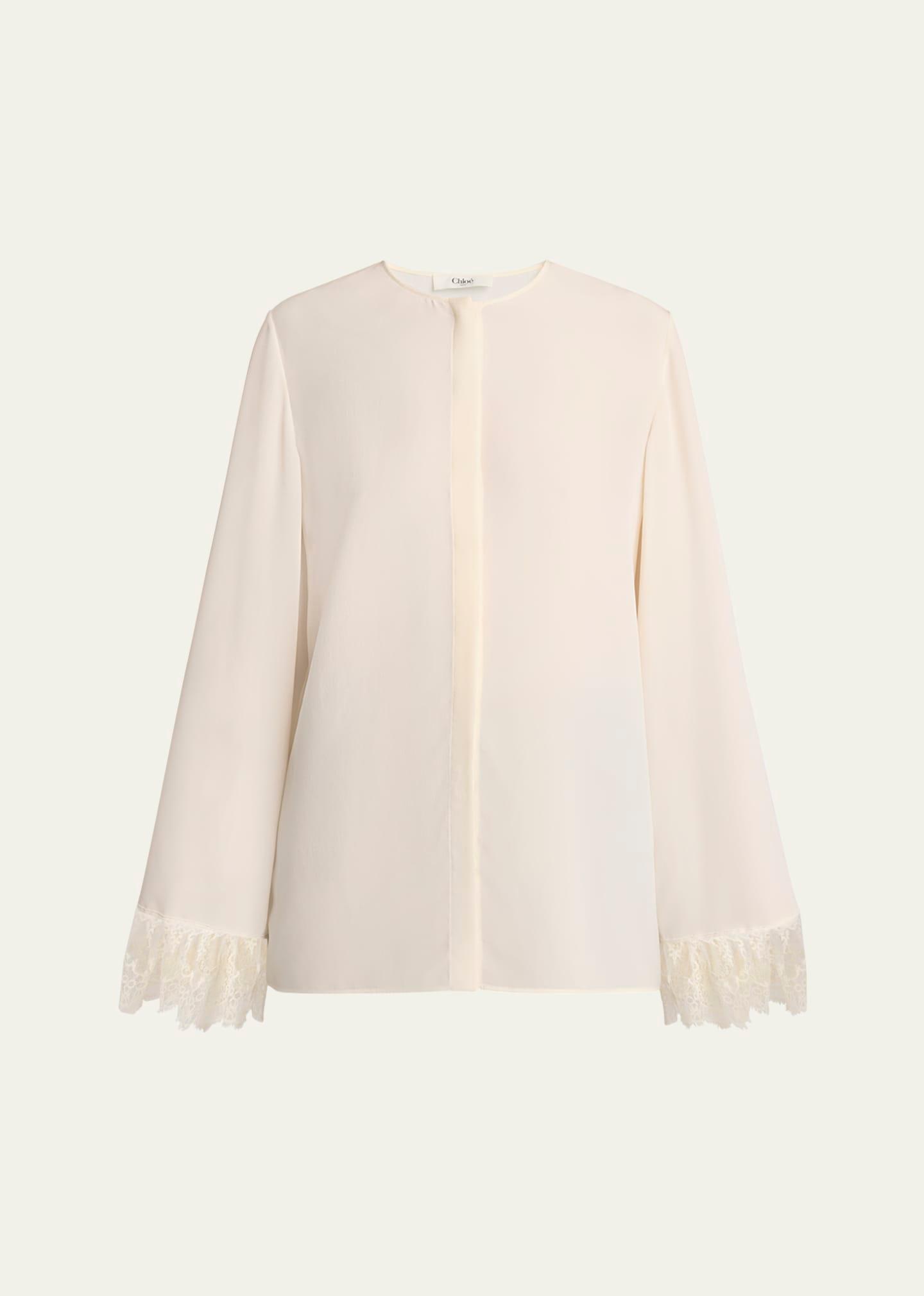 button down crepe de chine top with lace sleeves
