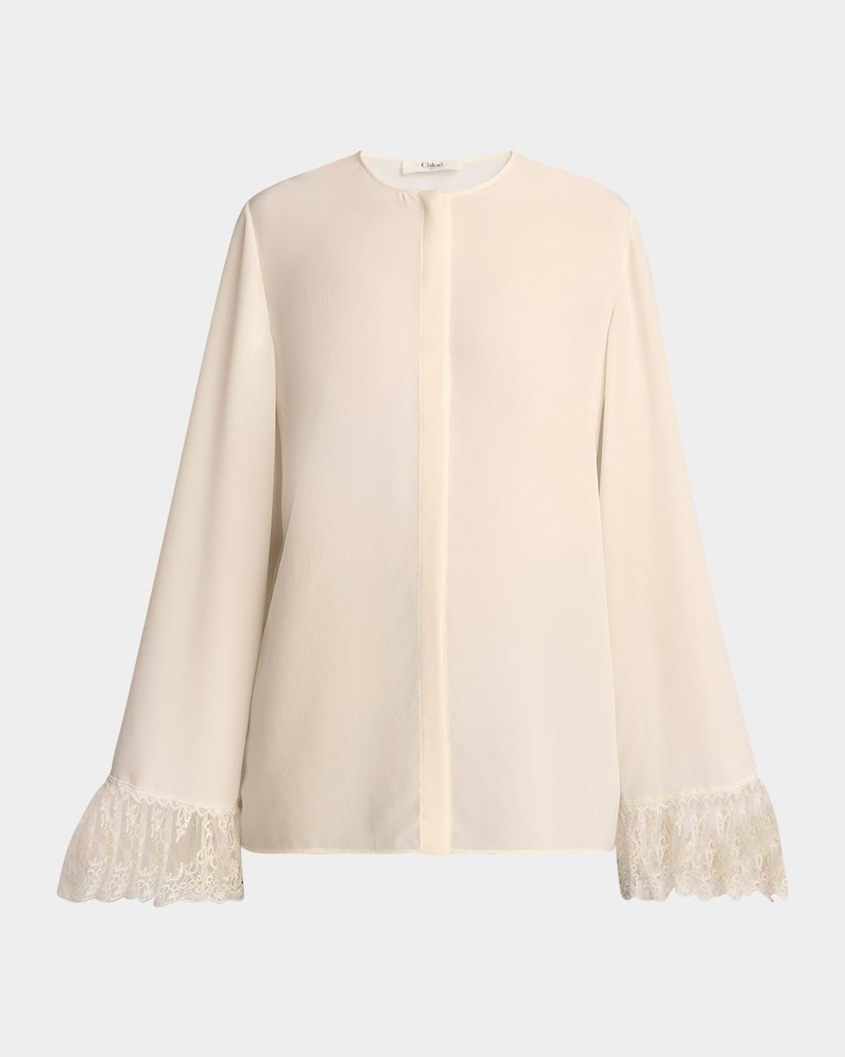 button down crepe de chine top with lace sleeves
