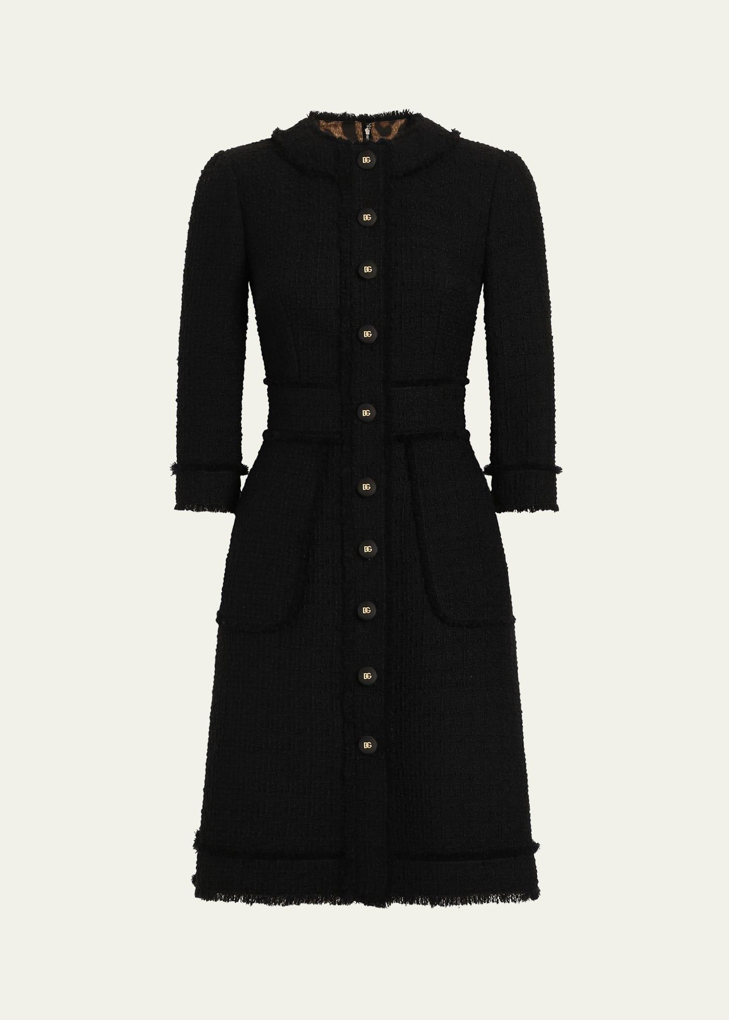 button-front 3/4-sleeve tweed dress