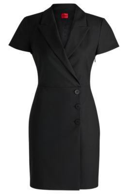 button-front dress with peak lapels- black women's business dresses