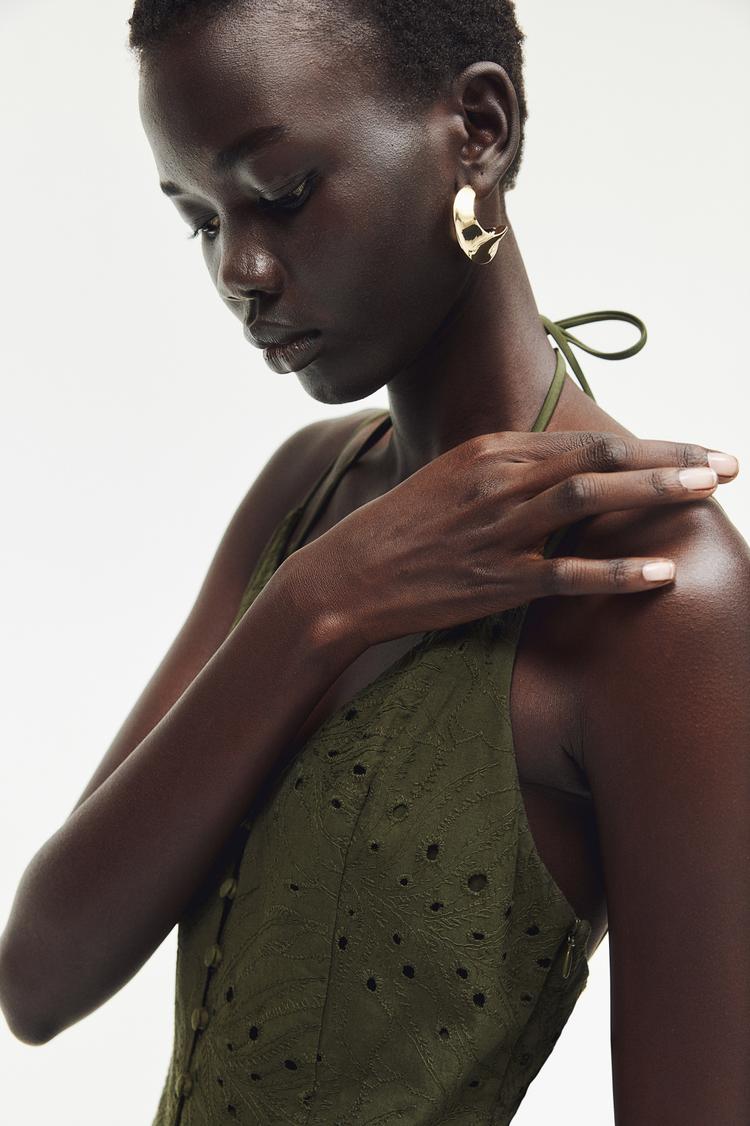 button-front eyelet embroidery dress
