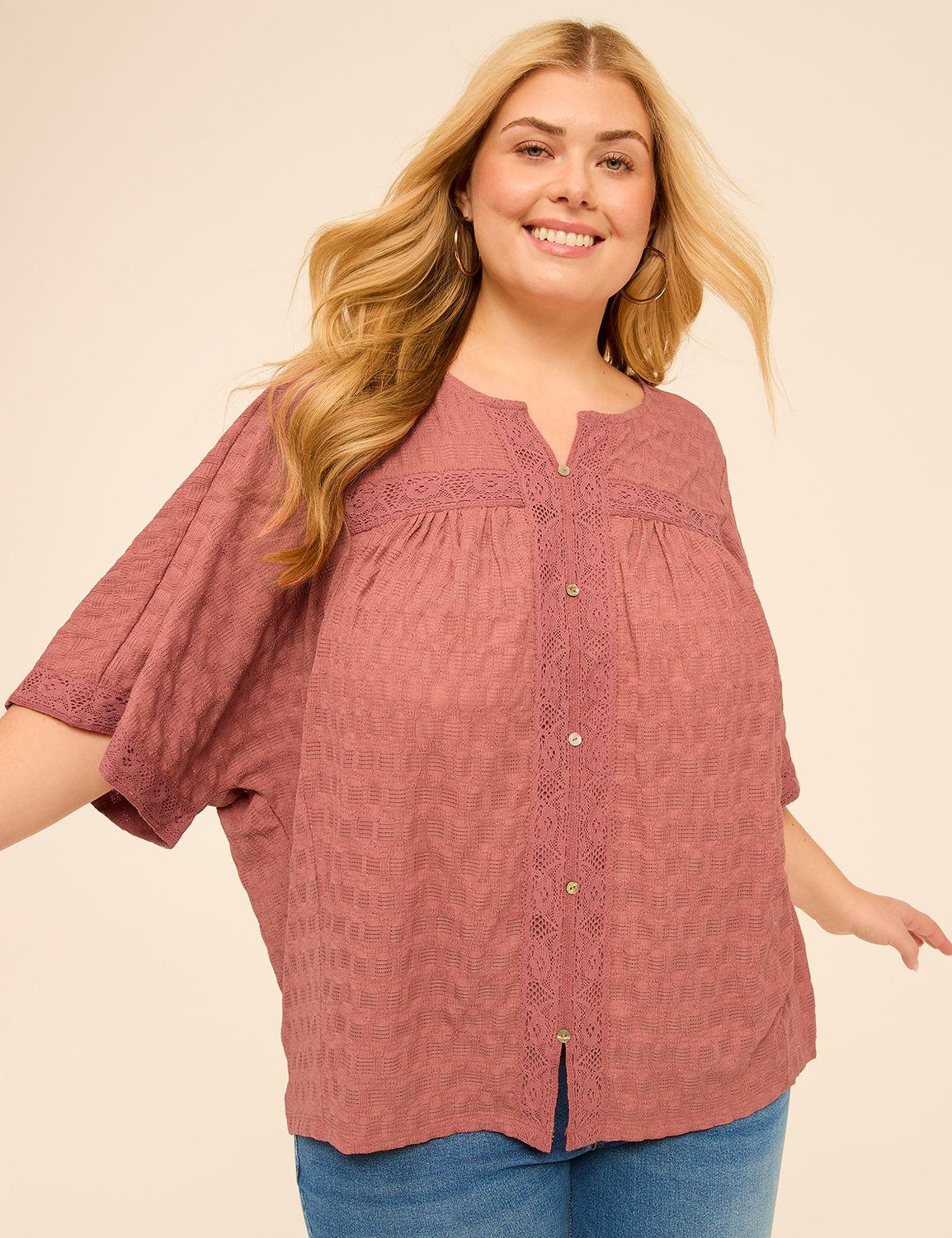 button-front lace-trim top