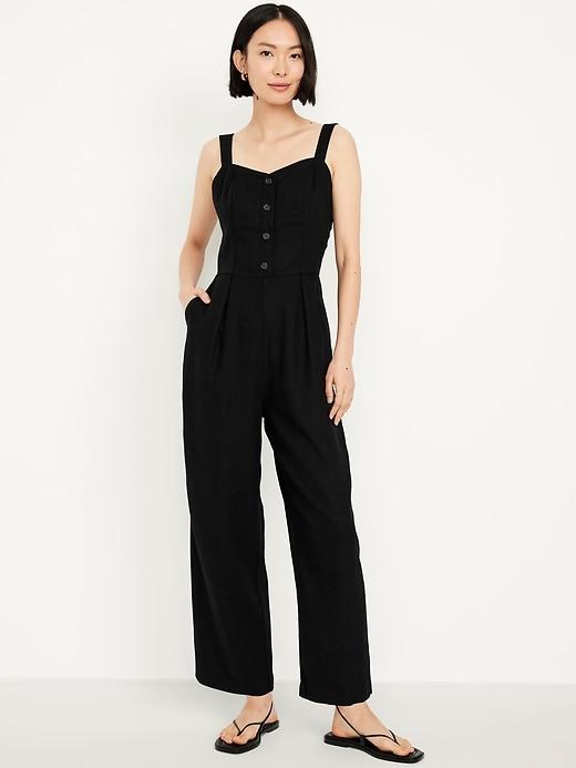 button-front linen-blend cami jumpsuit