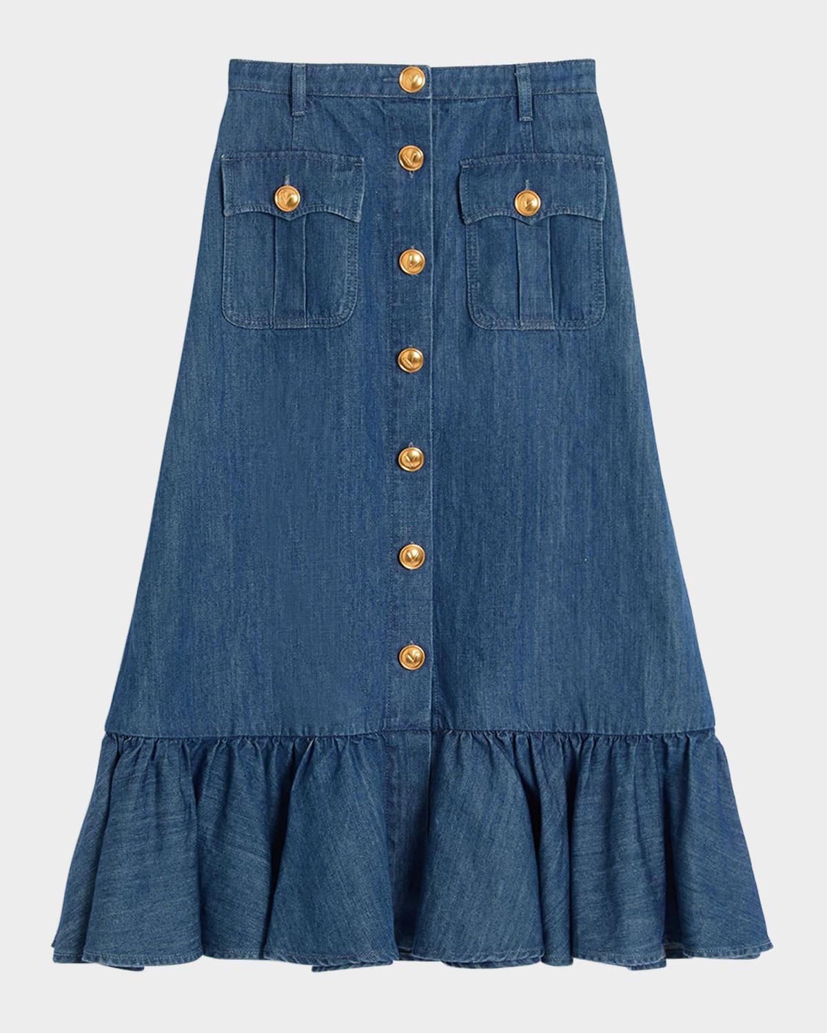 button-front ruffle denim midi skirt