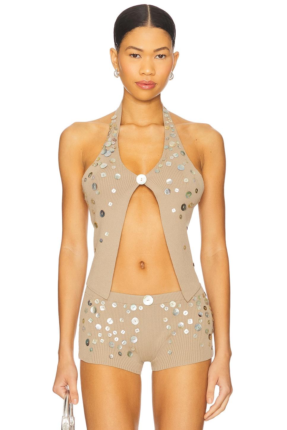 button knit halter top in brown
