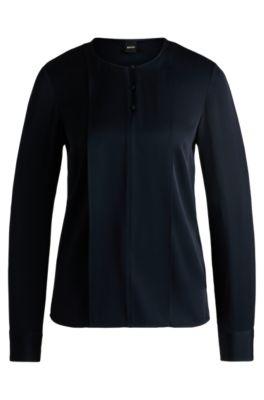 button-neck blouse in stretch-silk crepe de chine- dark blue women's business blouses