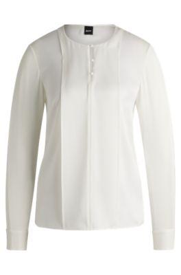 button-neck blouse in stretch-silk crepe de chine- white women's business blouses
