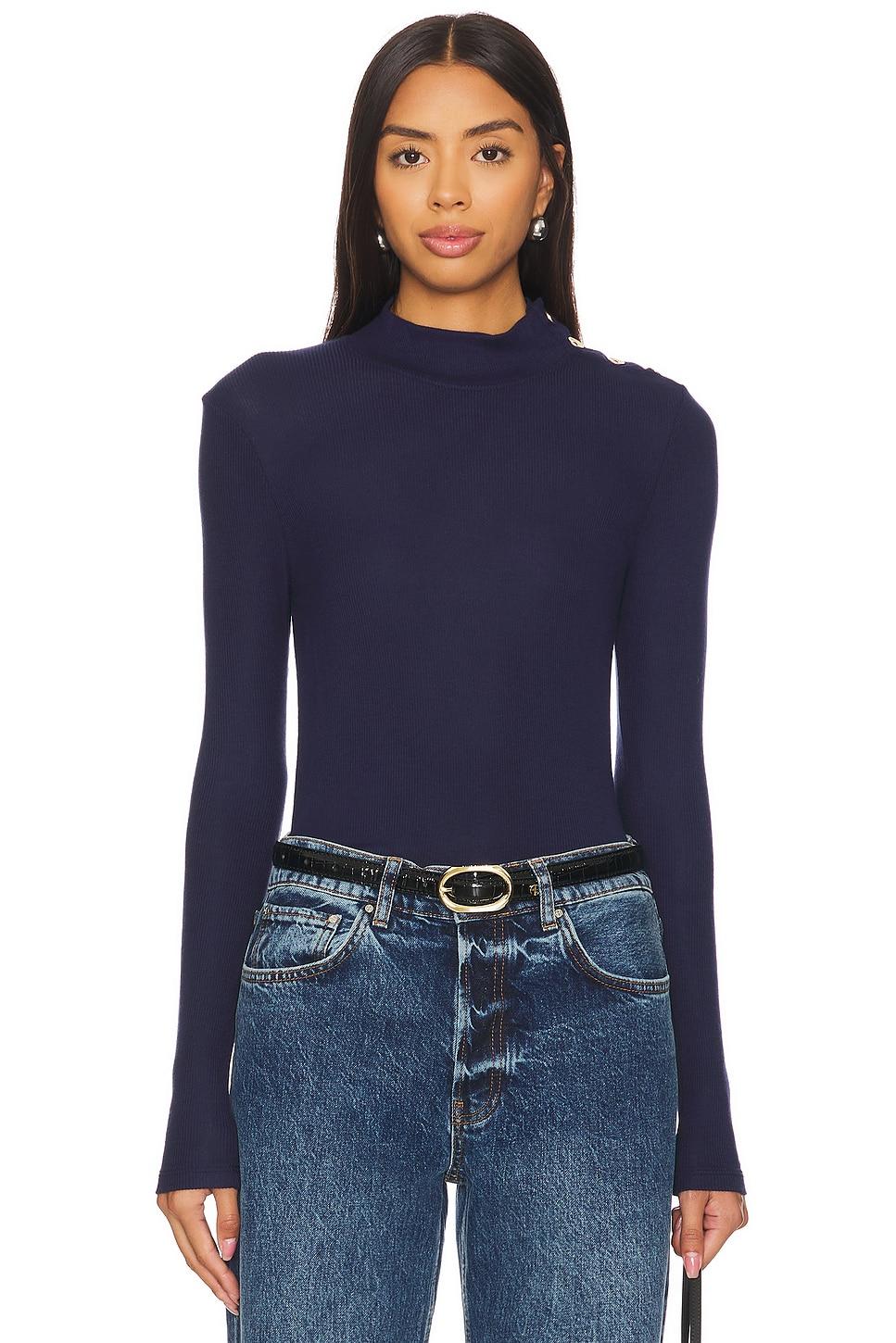 button shoulder mock neck top