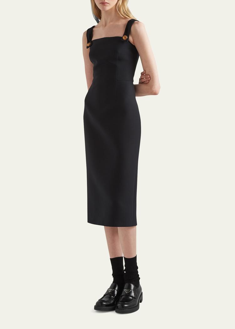 button-strap crepe midi dress