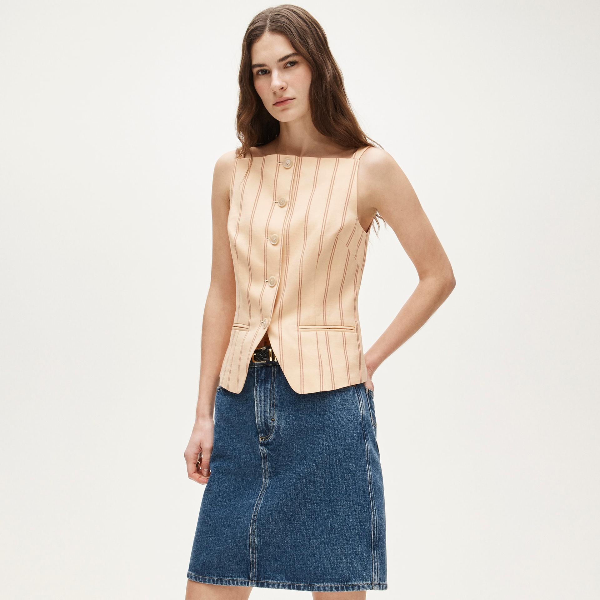 button-up cutaway tank top in striped gramercy linen blend