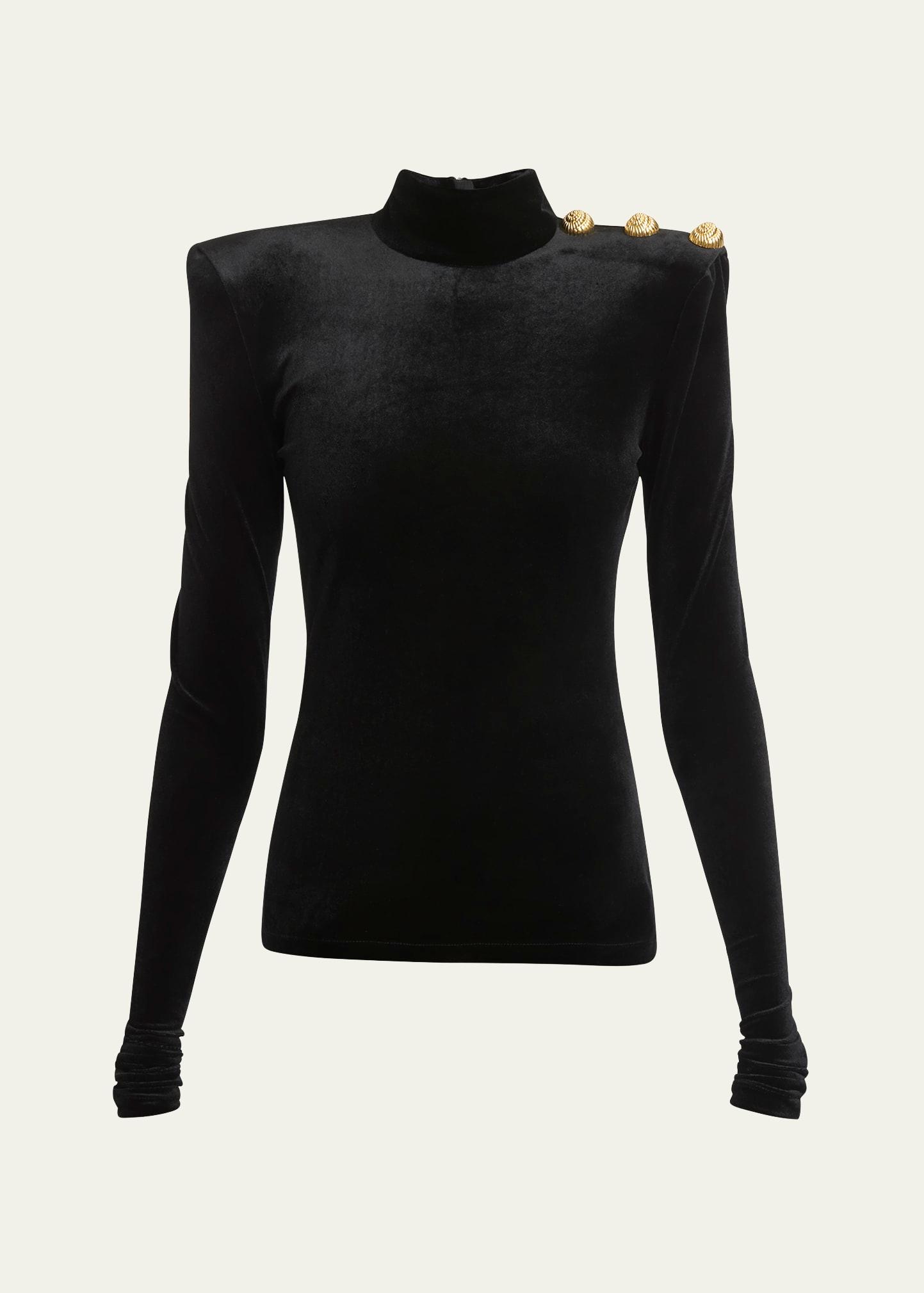 buttoned high-neck velvet top