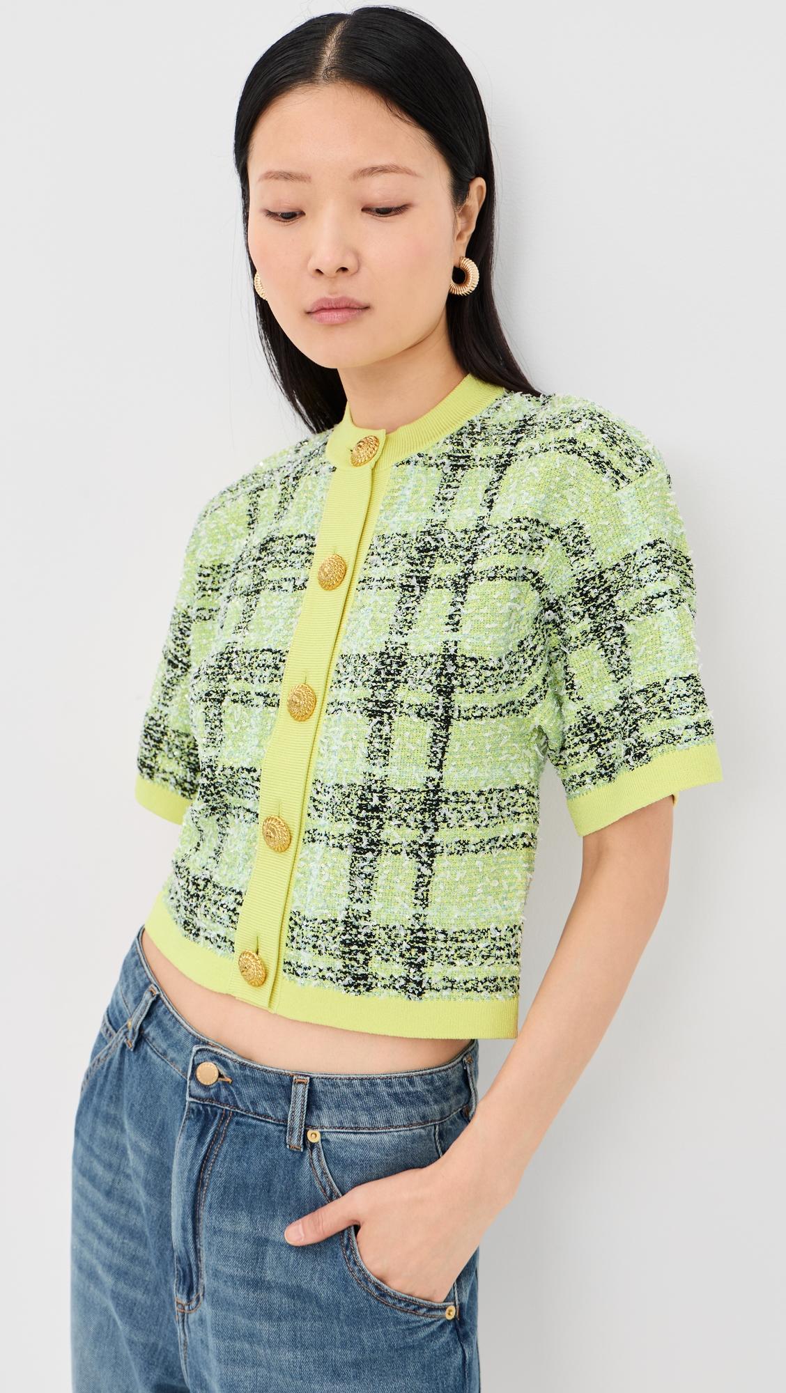 buttoned shiny light tweed top
