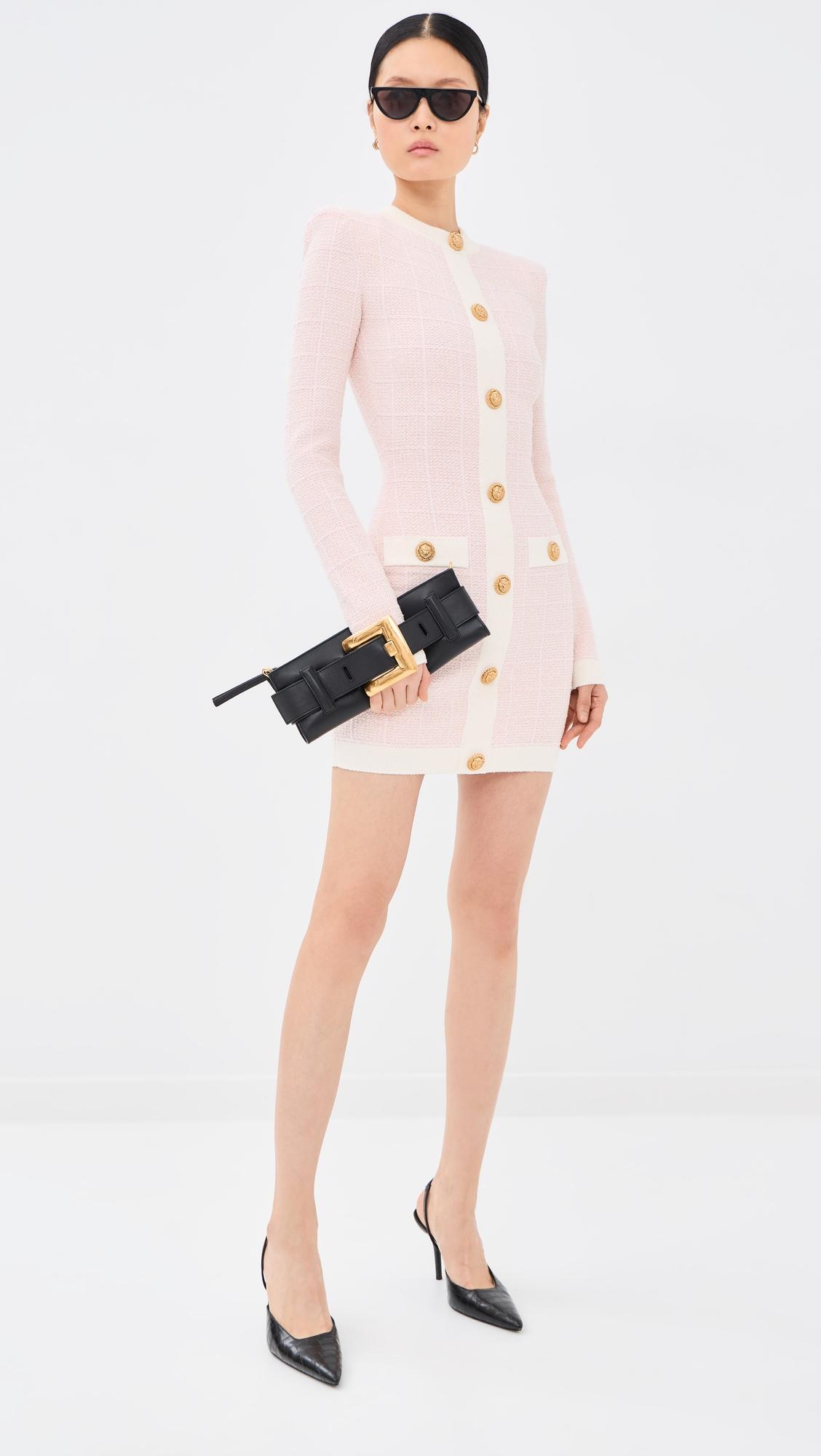 buttoned tweed knit short dress