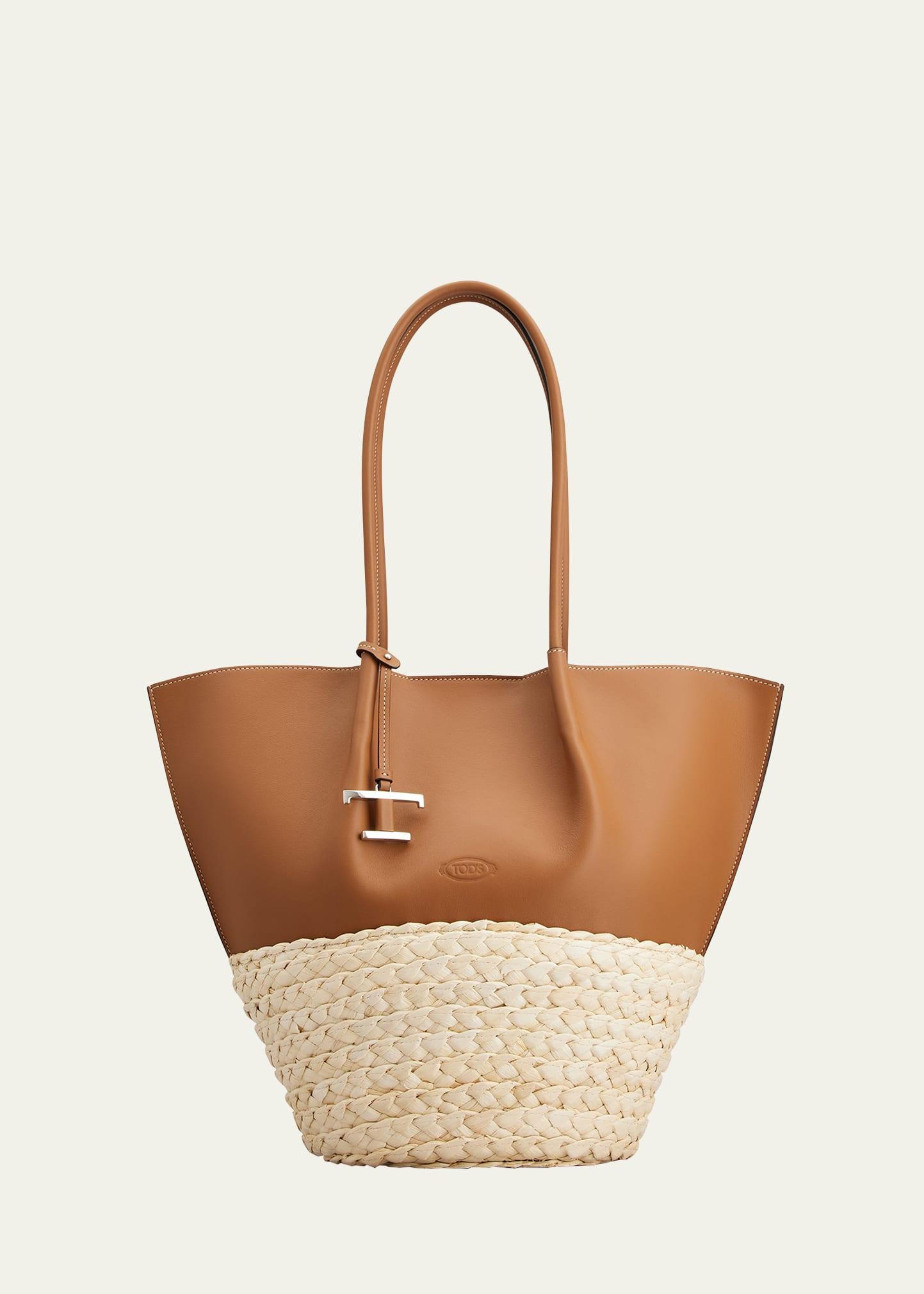 bux medium leather & woven leaf shopping tote bag