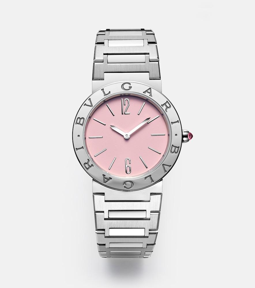 bvlgari bvlgari bvlgari 33mm stainless steel watch with rubellite