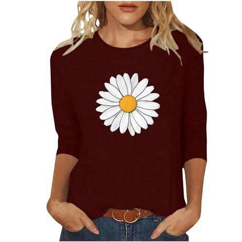 bxjx 3/4 sleeve tops for womens dressy casual sunflower shirts plus size crewenck tunic shirts ladies fall fashion clothes womens flowy tops wine 2x