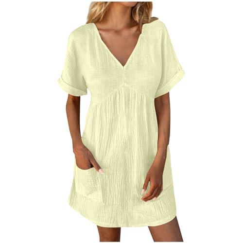 bxjx summer linen dresses for women 2024 casual v neck knee length sundresses with sleeve comfy summer vacation dresses summer linen dresses for women 2024 plus size yellow s