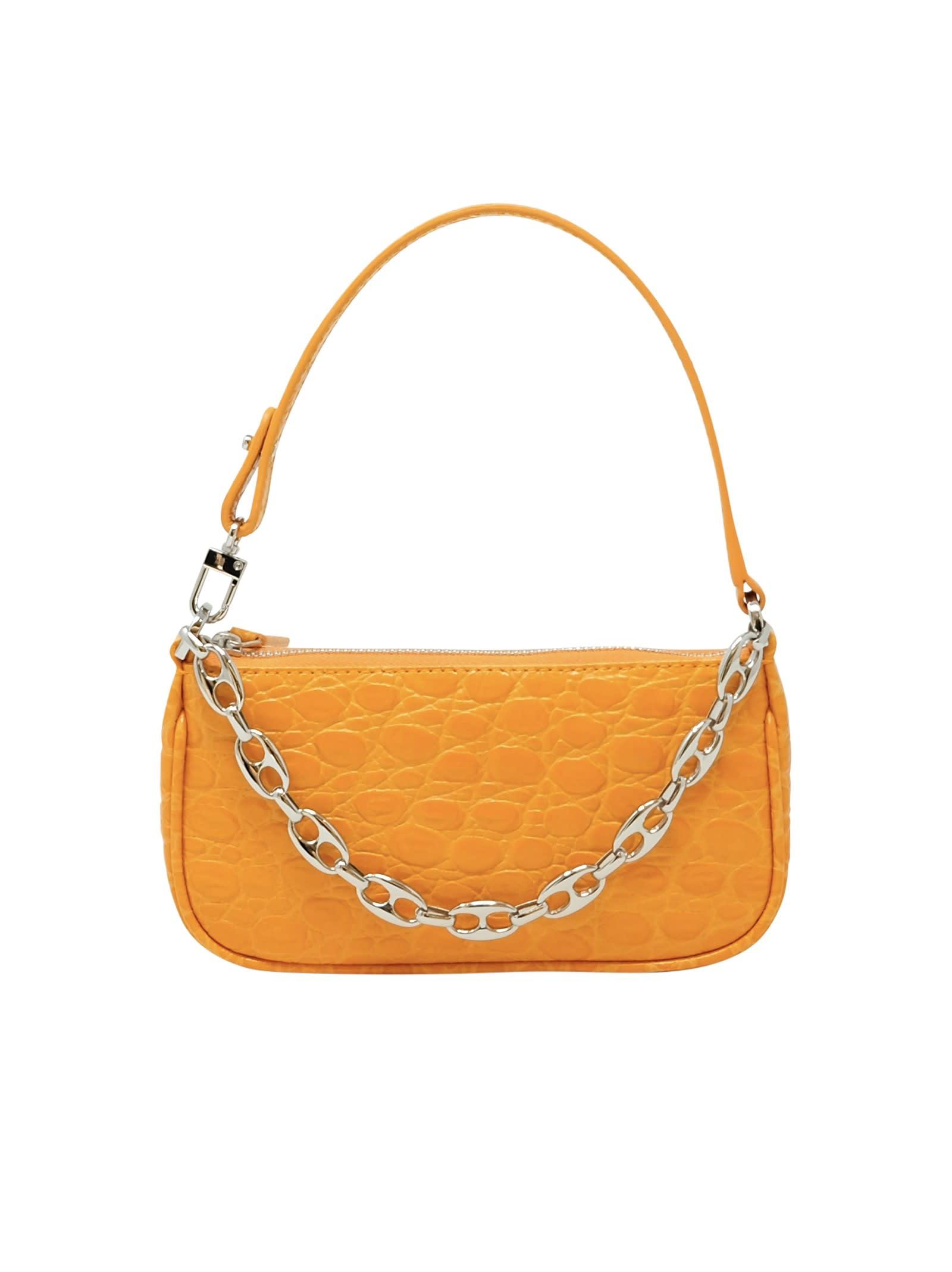 by far mini rachel orange croco leather handbag