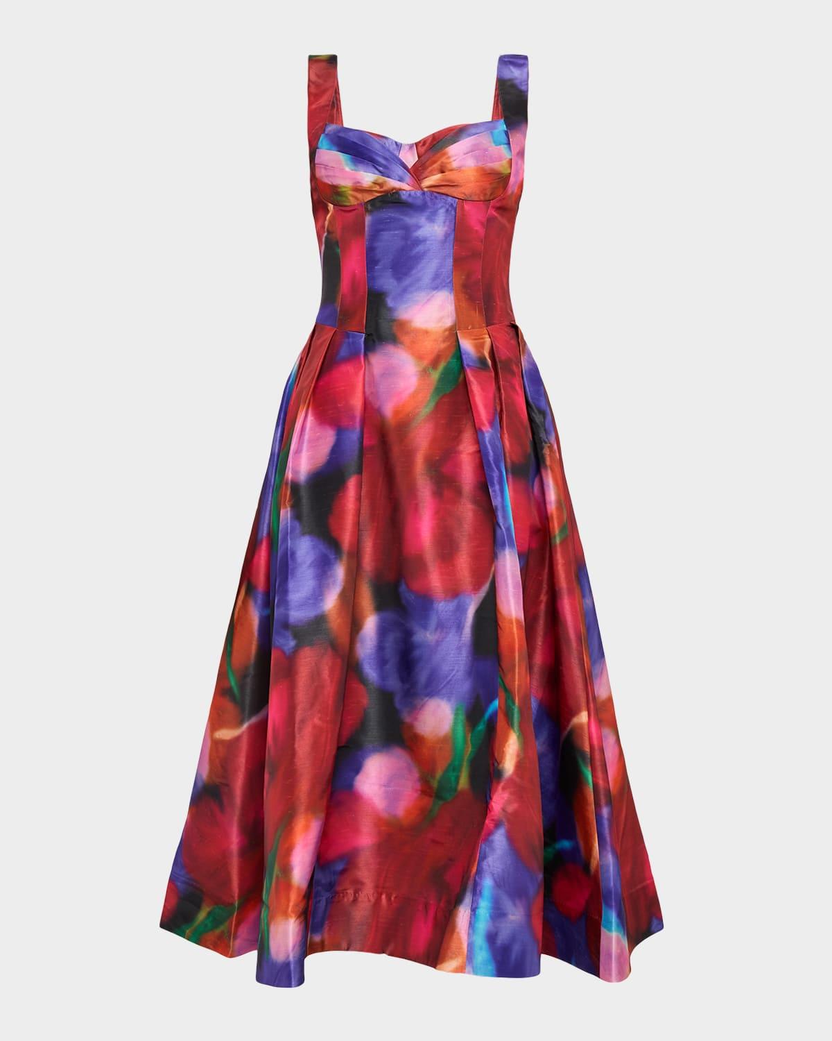 cabaret roses pleated sweetheart midi dress