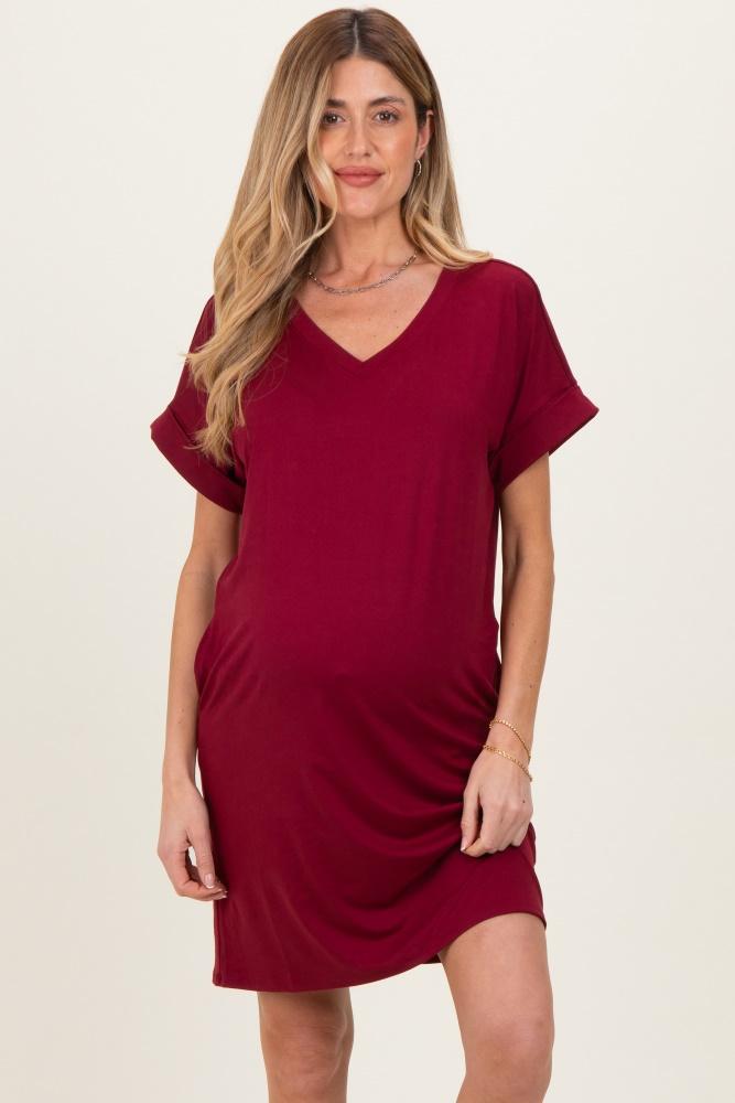 cabernet brushed rolled short sleeve v-neck maternity dress