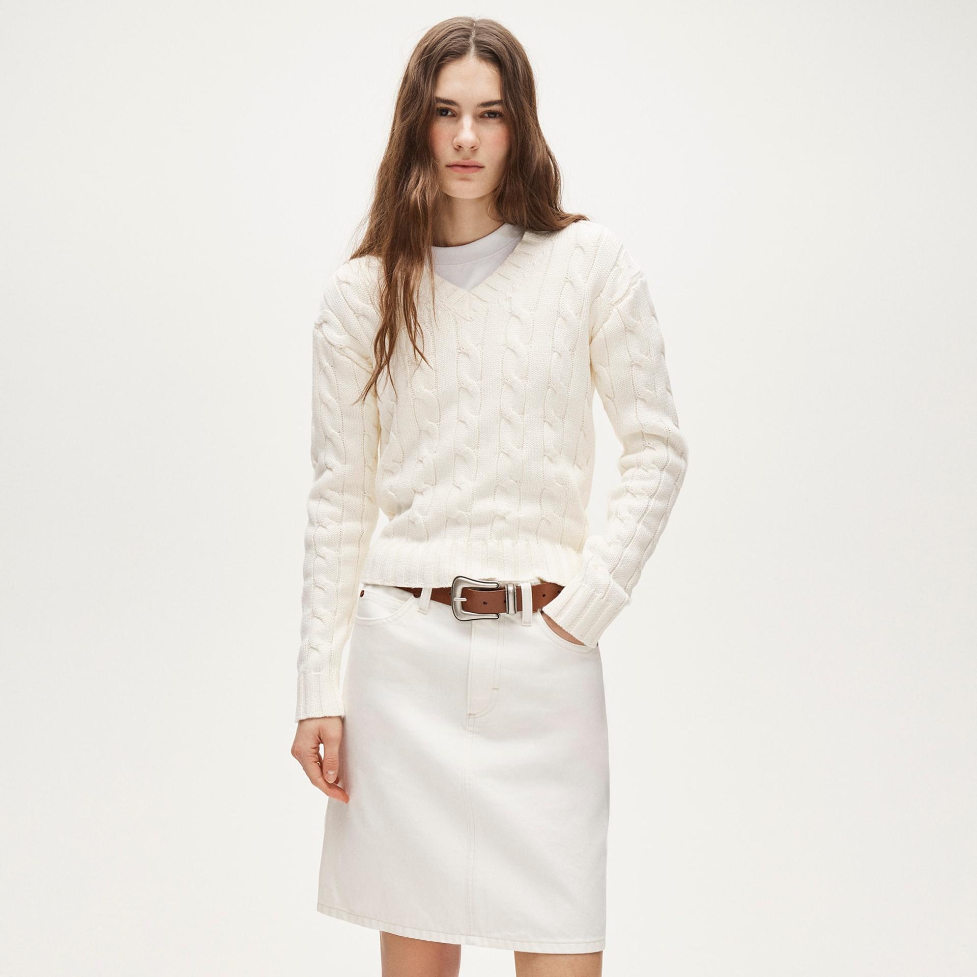 cable-knit high v-neck sweater in heritage cotton