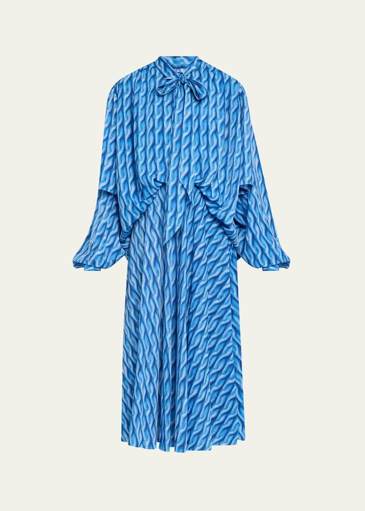 cable knit-print double-sleeve midi shirtdress