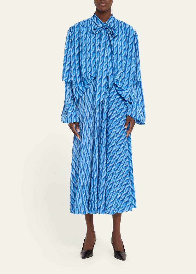 cable knit-print double-sleeve midi shirtdress