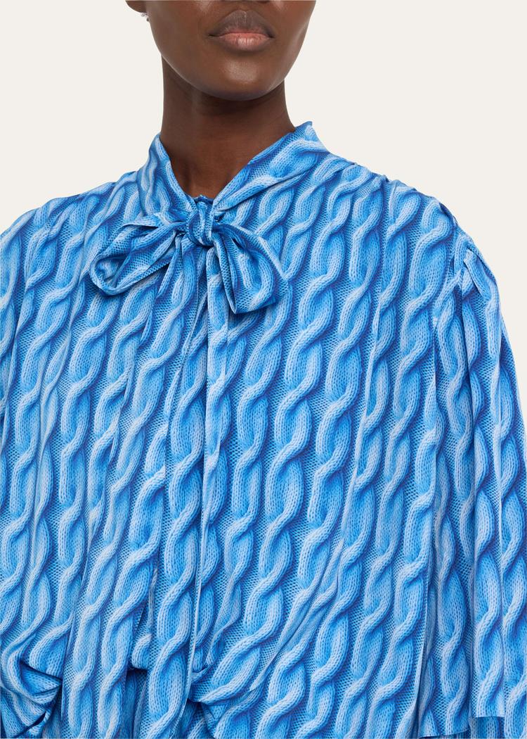 cable knit-print double-sleeve midi shirtdress