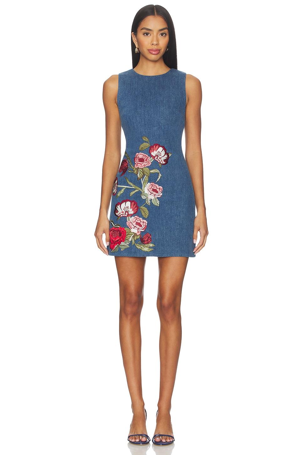 cade embroidered sleeveless denim mini shift dress