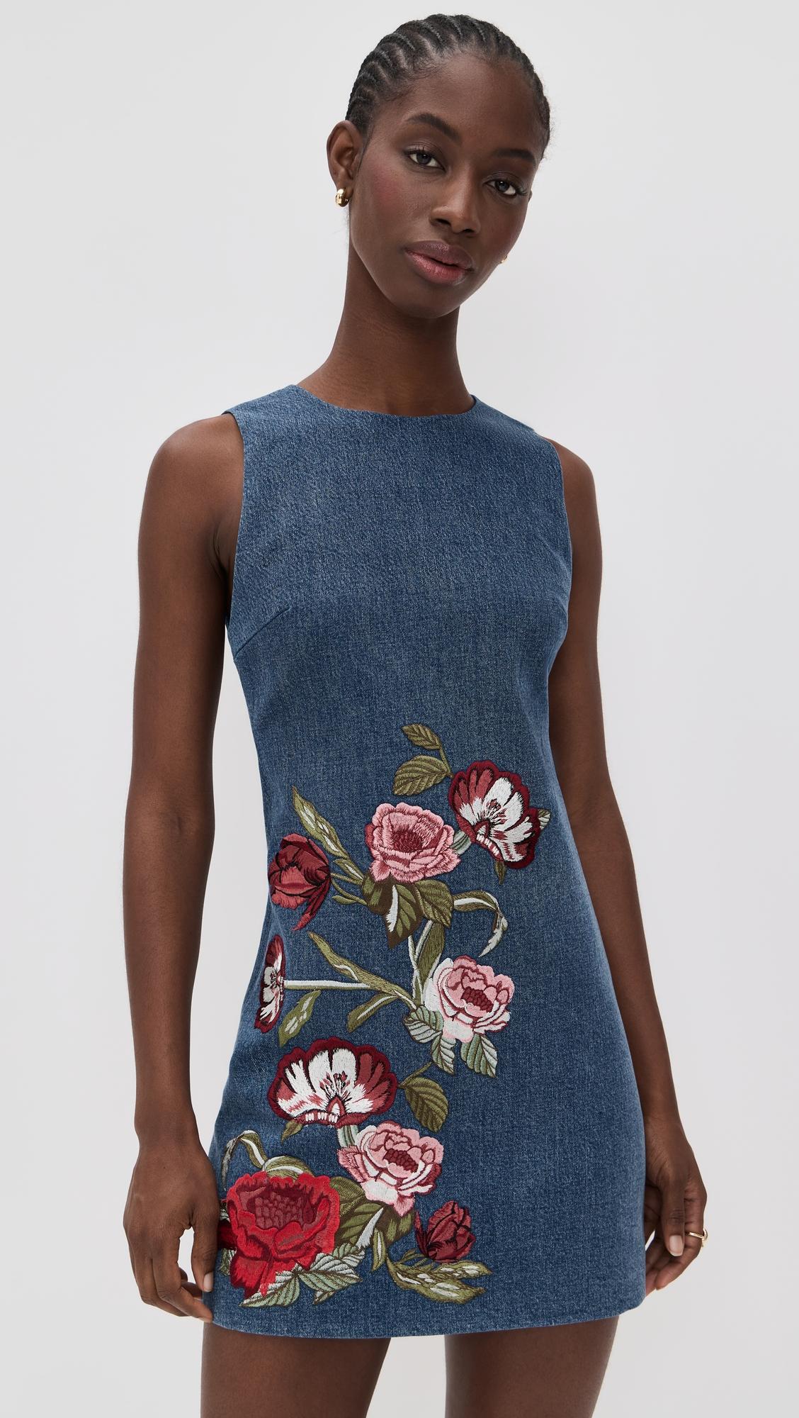cade embroidered sleeveless shift denim mini dress