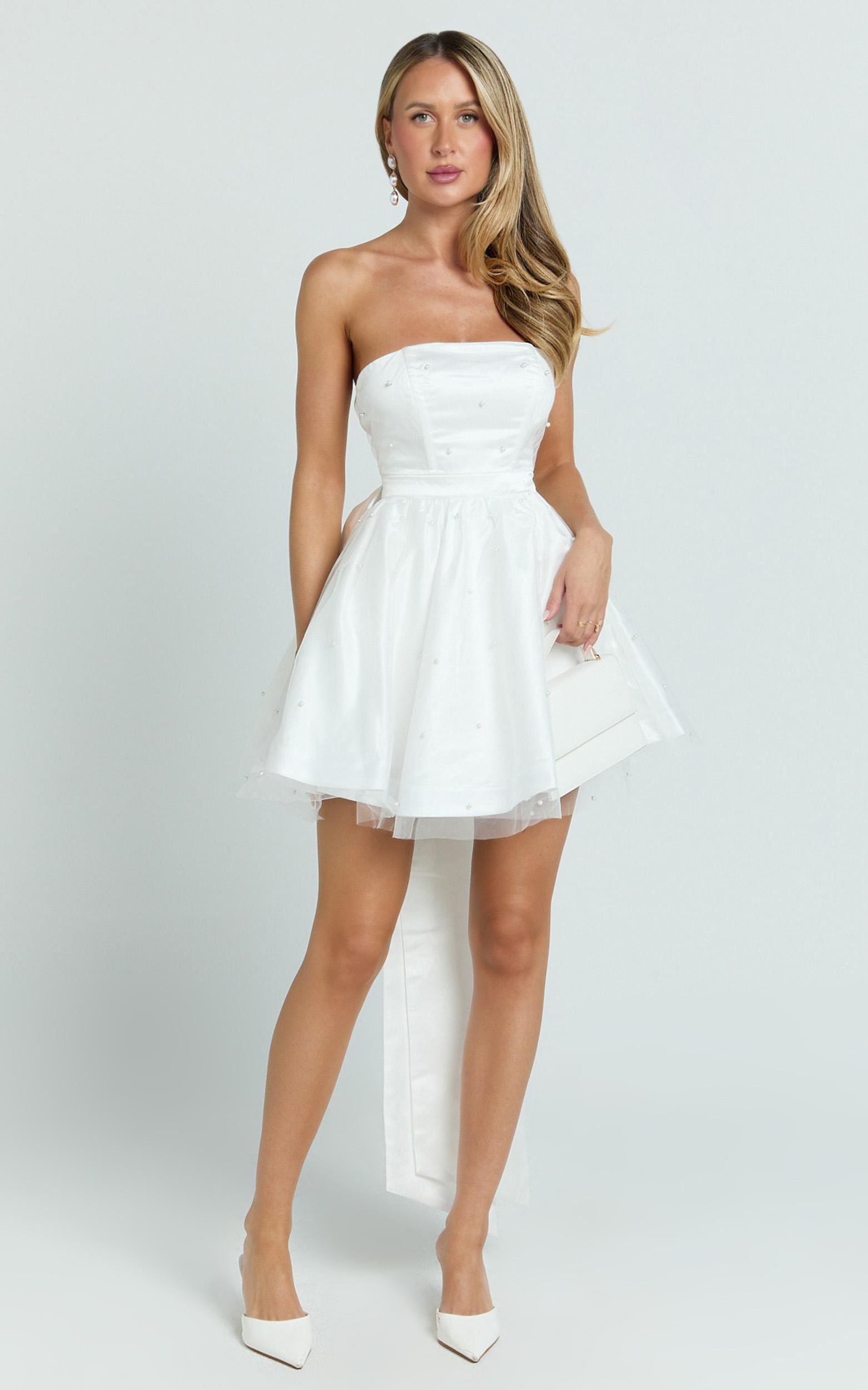 cailene mini dress - strapless bow train fit and flare dress in ivory