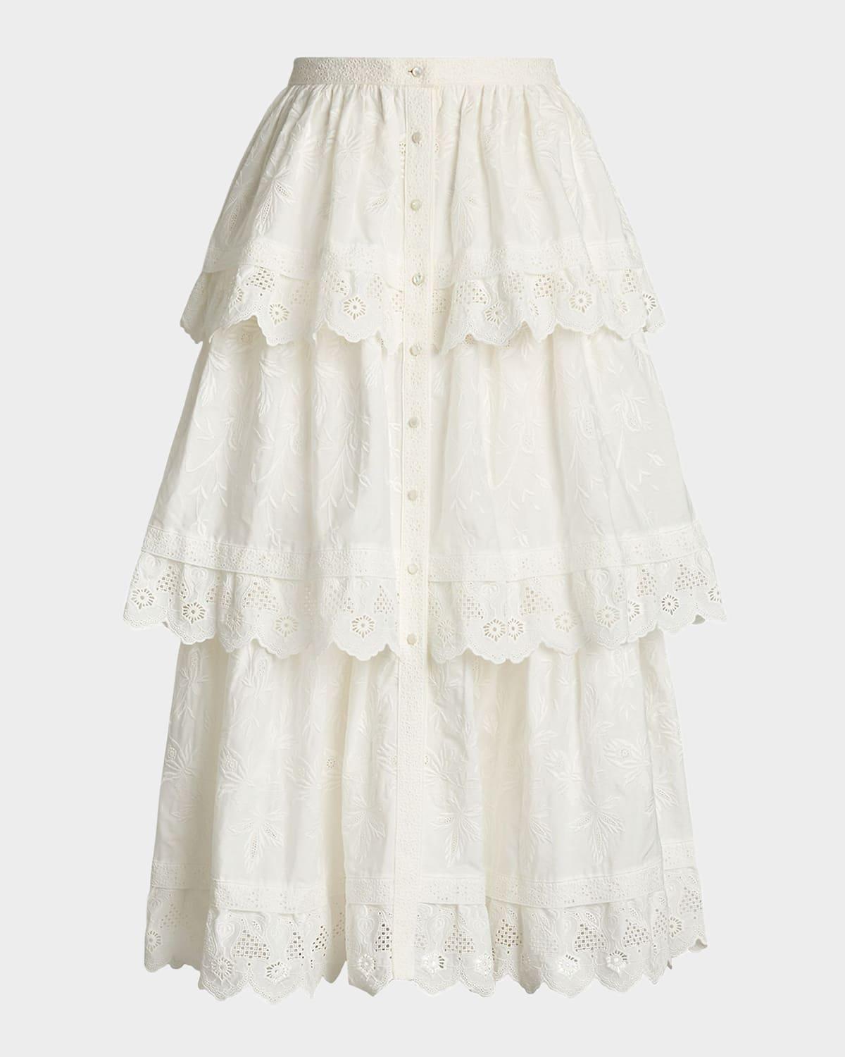 caitlin tiered embroidered cotton poplin midi skirt