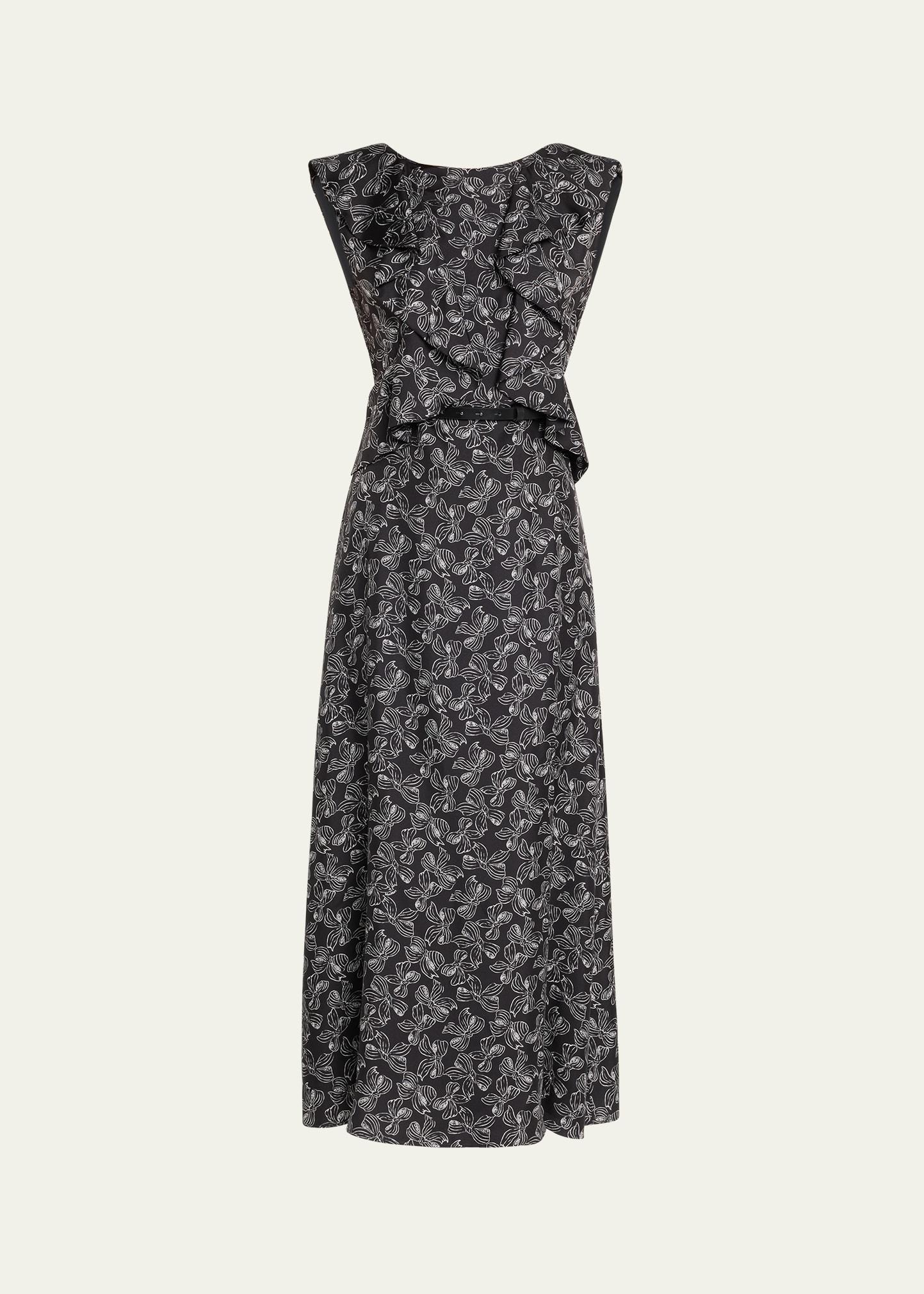 calesse bow-print ruffle backless midi dress