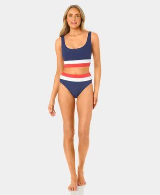 california waves womens color block mini rib long line swim bikini top banded high waist swim bottoms