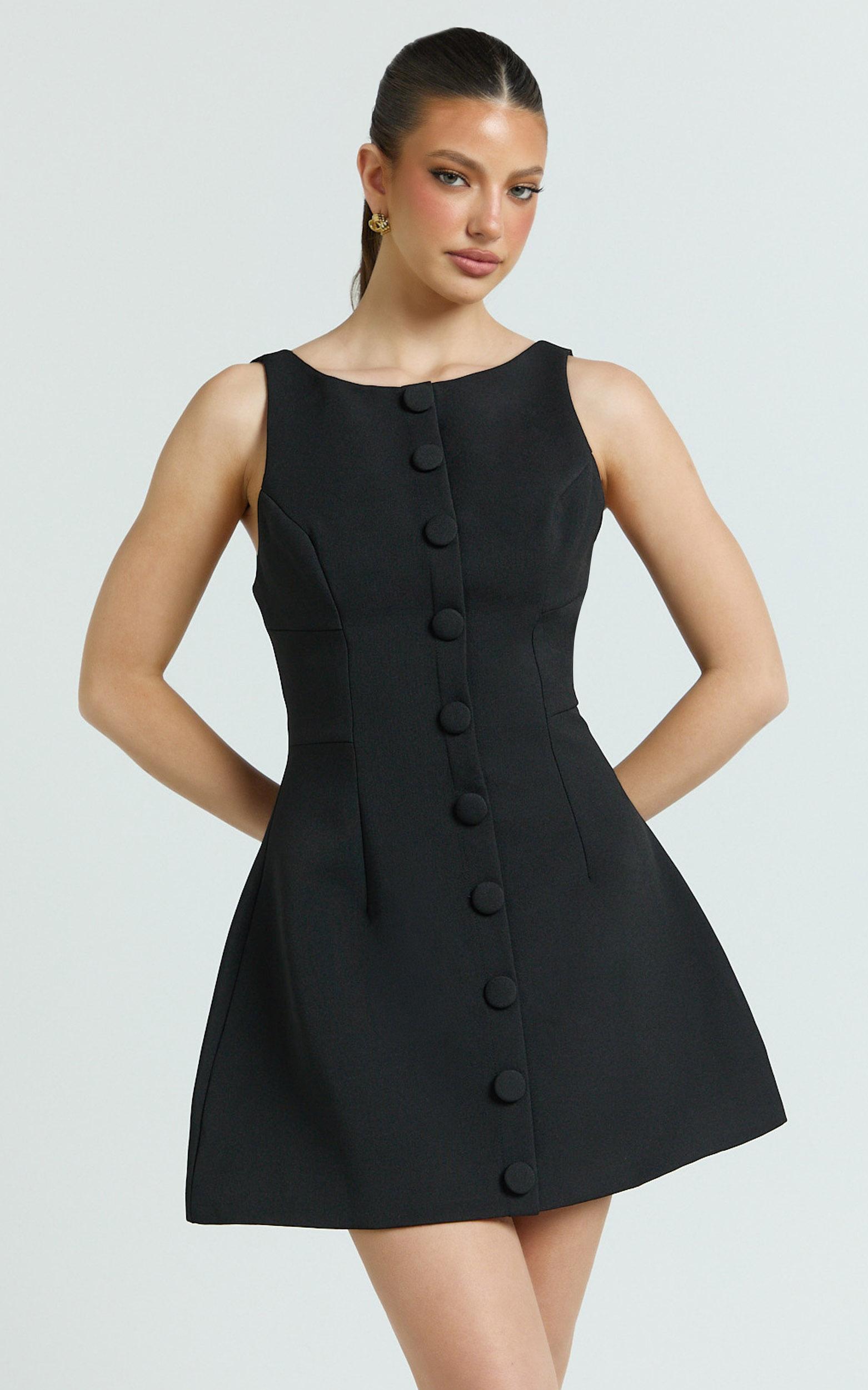 calista mini dress - princess panel button down dress in black