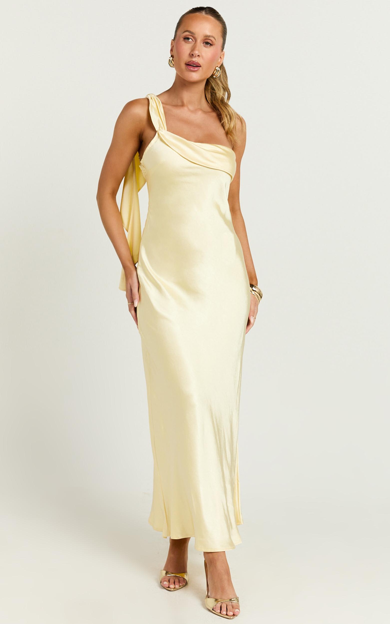 calix midi dress - one shoulder slip dress in butter