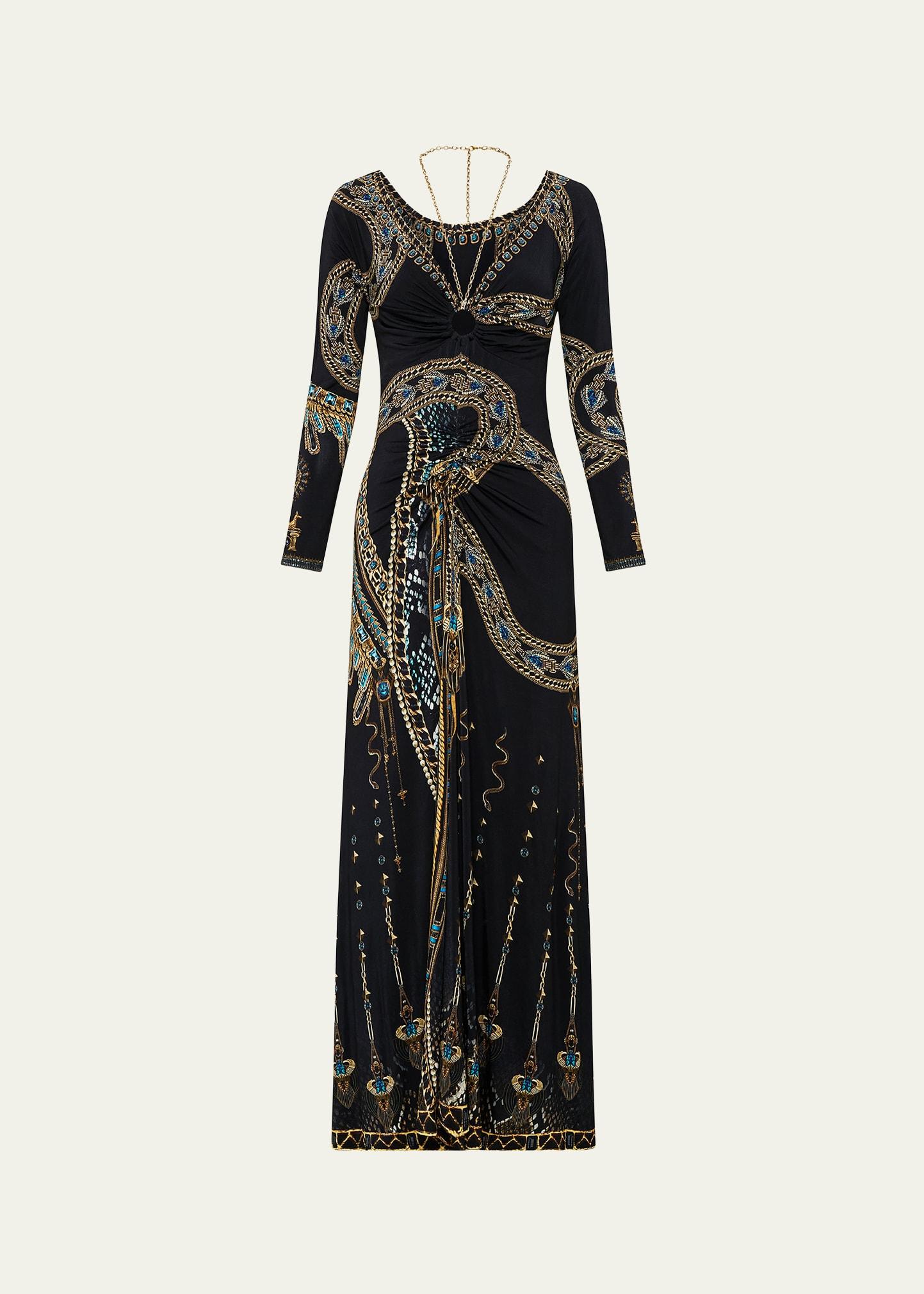 call me cleopatra ruched jersey chain maxi dress