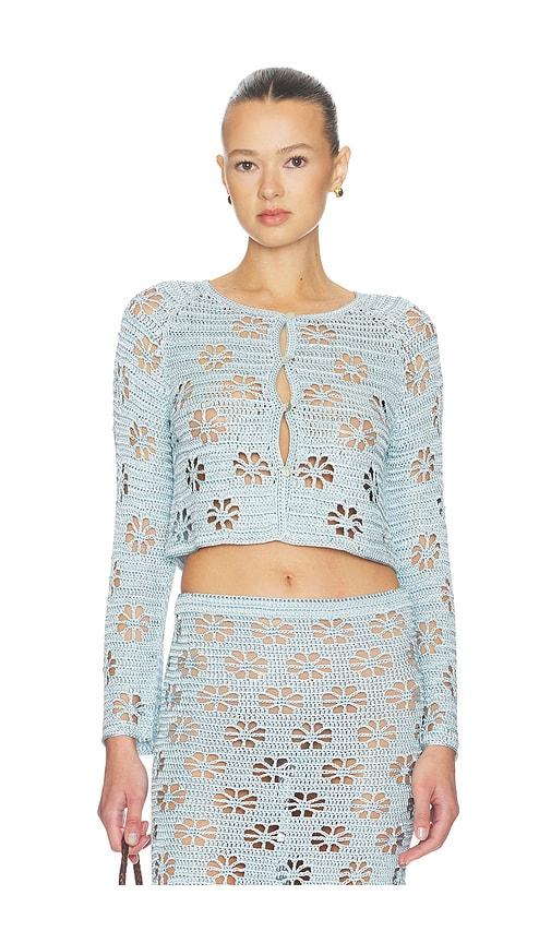 calle del mar floral crochet cardigan in baby blue.