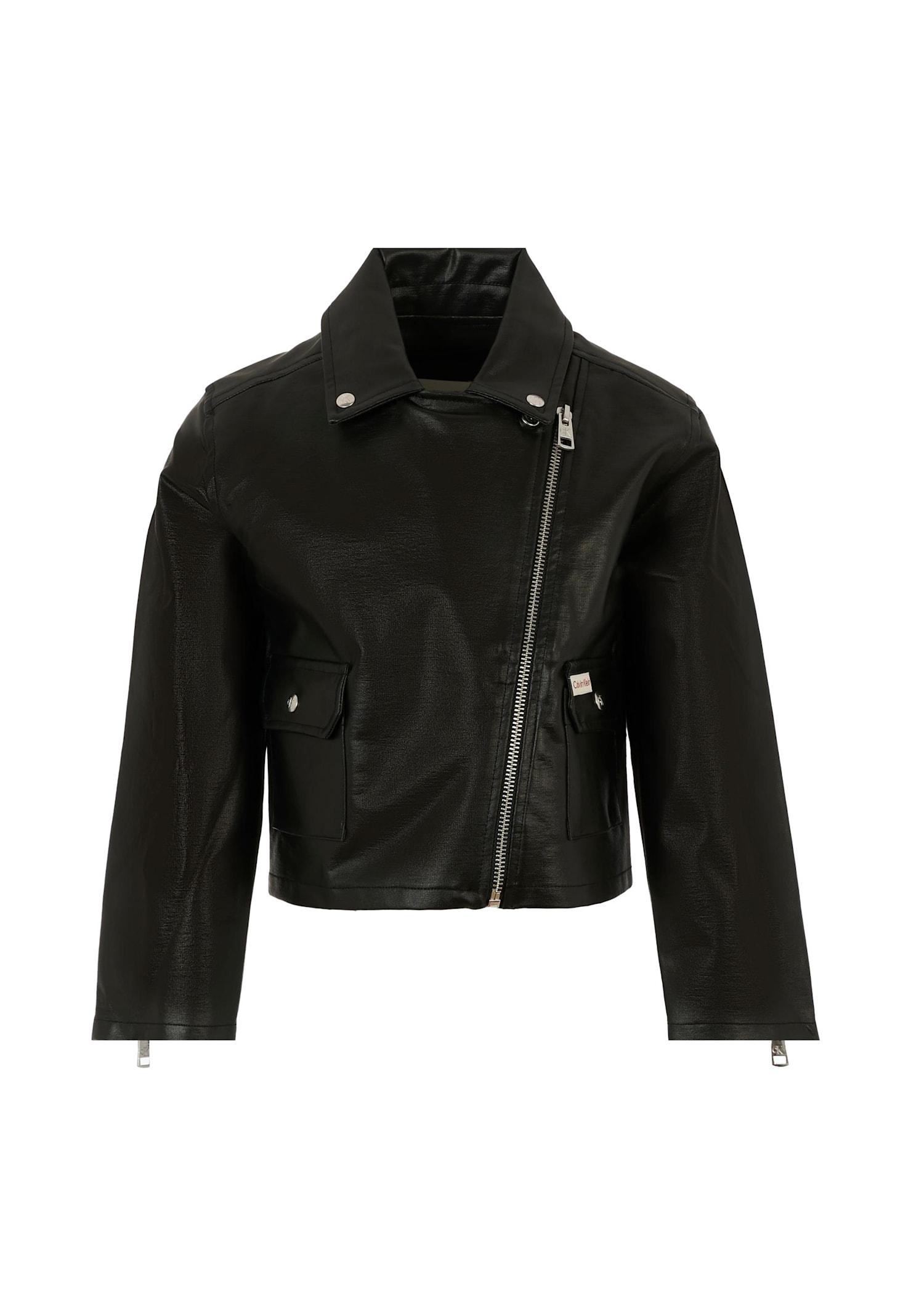 calvin klein black faux leather jacket for girl with logo