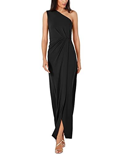 calvin klein women's one shoulder gown with waist ruch, black, 14