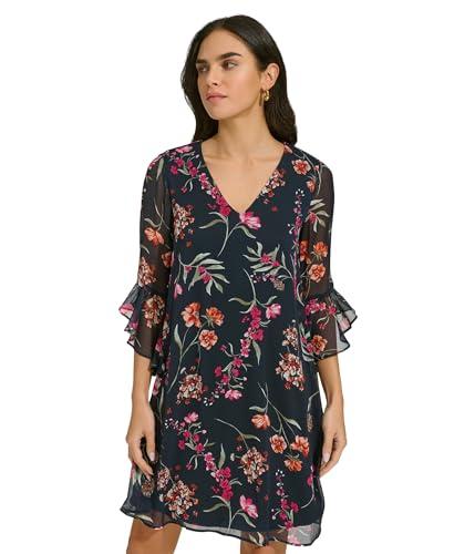 calvin klein women's short chiffon dress with bell sleeves, indigo multi