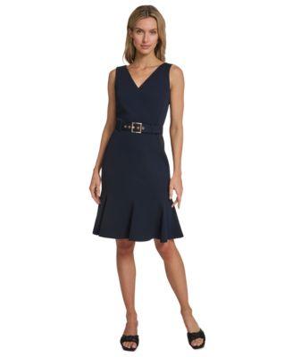 calvin klein womens belted pleated hem dress