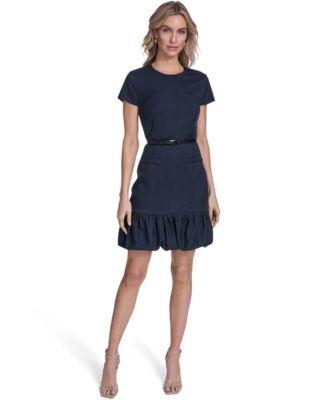 calvin klein womens bubble hem belted crewneck dress