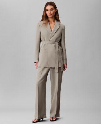 calvin klein womens casual twill collared belted blazer casual straight twill pants