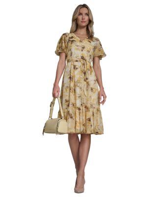 calvin klein womens flutter sleeve floral print dress
