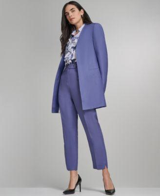 calvin klein womens open front topper jacket printed cap sleeve ruffle front top mid rise slim leg pants