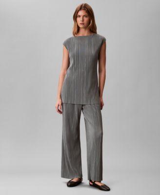 calvin klein womens plisse tunic pull on wide leg pants