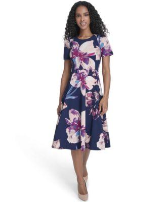 calvin klein womens printed crew neck midi dress