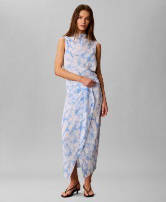 calvin klein womens printed plisse mock neck sleeveless top bias seam midi skirt